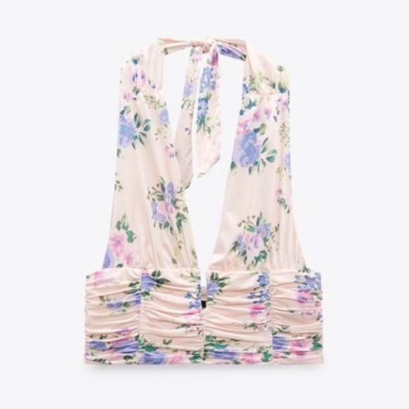 NWT Zara Pale Pink Blue Floral Deep V Cropped Halter Neck Ruched Top sz Small - Picture 5 of 11